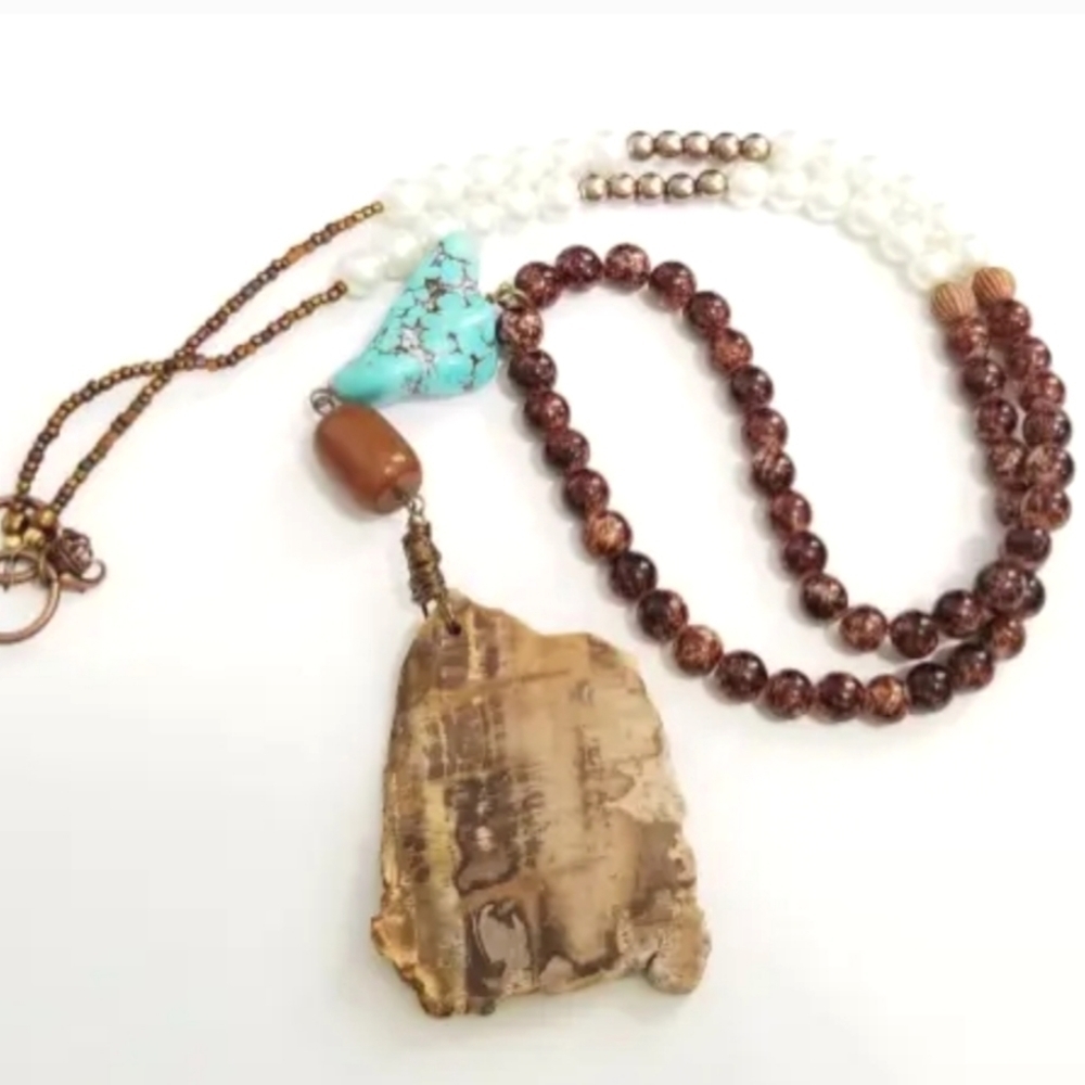 Petrified Wood Howlite Handmade Necklace - Beautiful Long Statement Necklace
